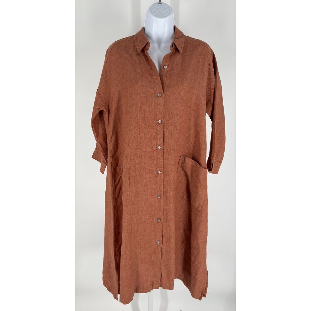 Pure Jill Linen Patch-Pocket Rust-Colored Shirtdress